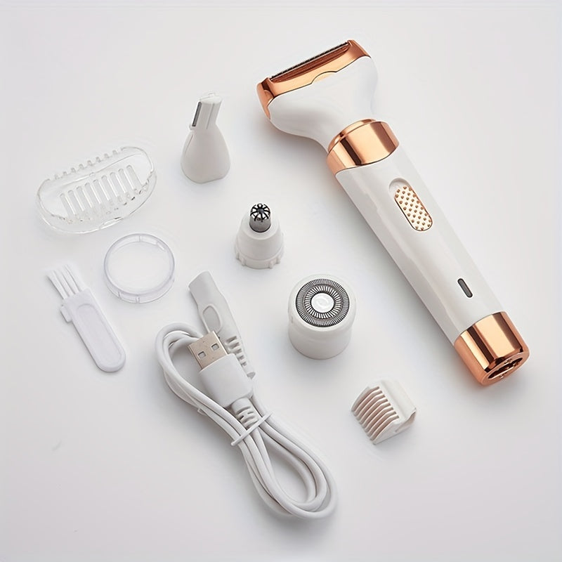 4-in-1 Women's Electric Razor - Wet & Dry Hair Remover For Pubic Hair, Eyebrow, Nose, Face, Legs, Underarms - Portable Bikini Trimmer - Rechargeable & Cordless - Gentle & Effective Hair Shaving