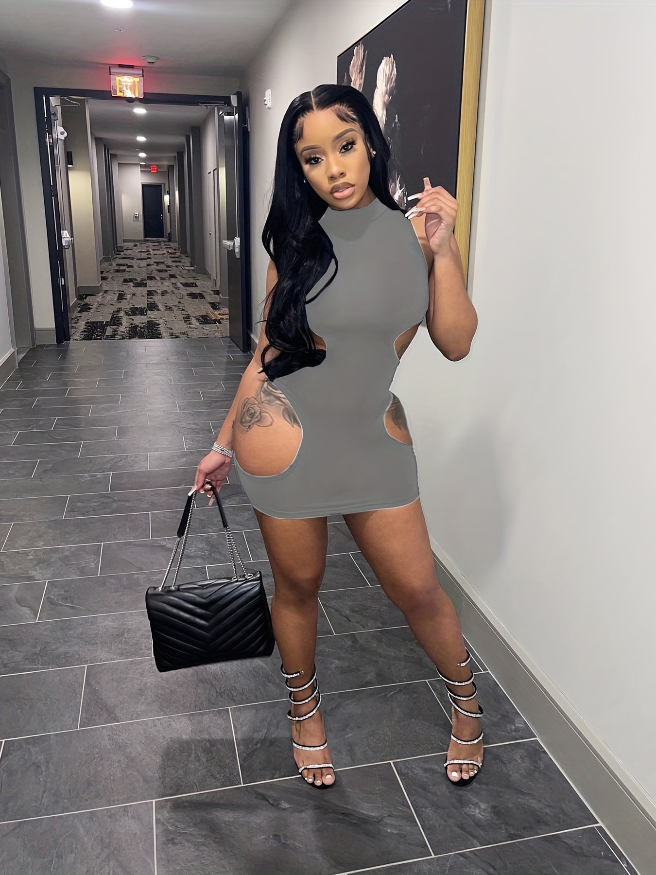 Cut Out Mock Neck Tank Dress, Sexy Bodycon Sleeveless Dress For Spring & Summer, Women's Clothing