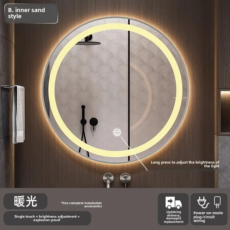 Bathroom Makeup Bathroom Mirror Non-punching Wall Hanging Diameter 50CM Smart LED Light Bathroom Mirror Anti-fog Touch Screen