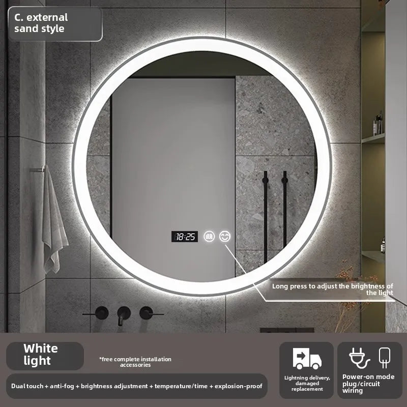 Bathroom Makeup Bathroom Mirror Non-punching Wall Hanging Diameter 50CM Smart LED Light Bathroom Mirror Anti-fog Touch Screen