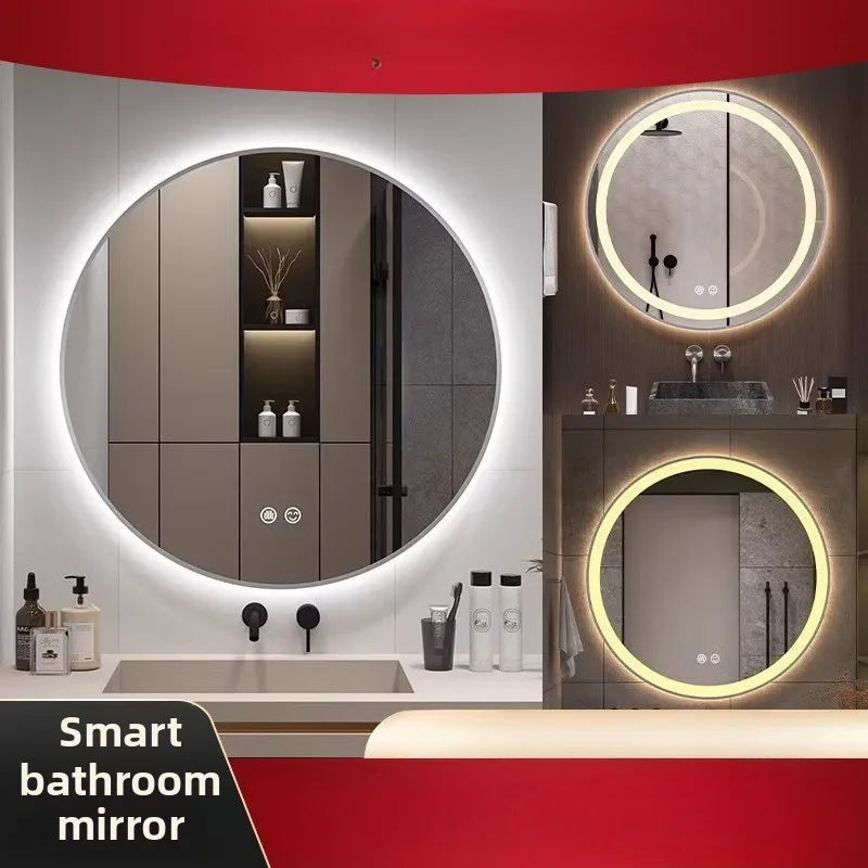 Bathroom Makeup Bathroom Mirror Non-punching Wall Hanging Diameter 50CM Smart LED Light Bathroom Mirror Anti-fog Touch Screen