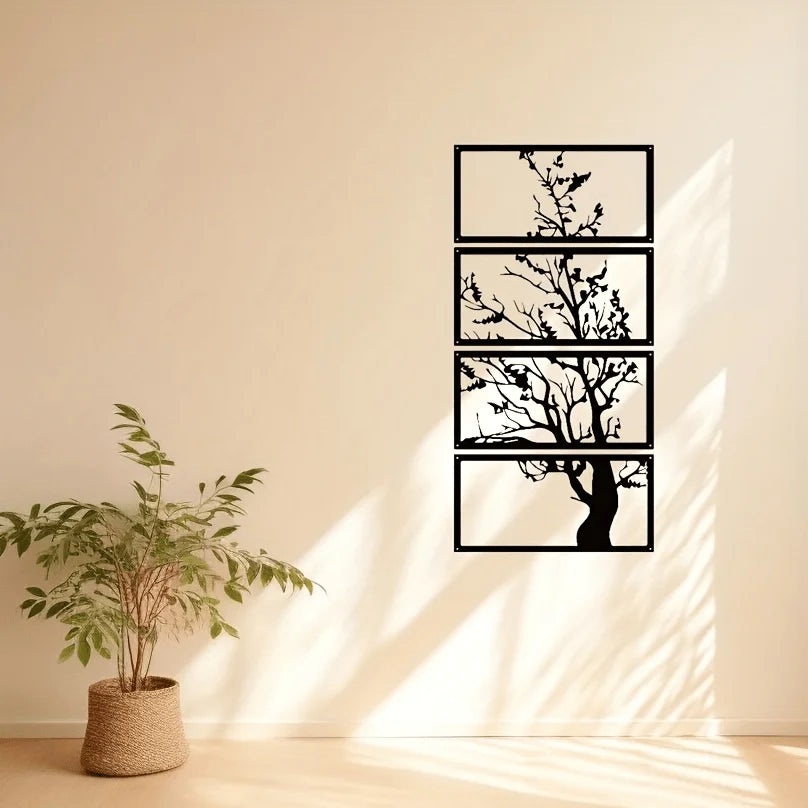 4pcs Art Deco Black Metal Wall Decor, Tree of Life Silhouette Hanging Artwork, Indoor Home Decorations for Living Room