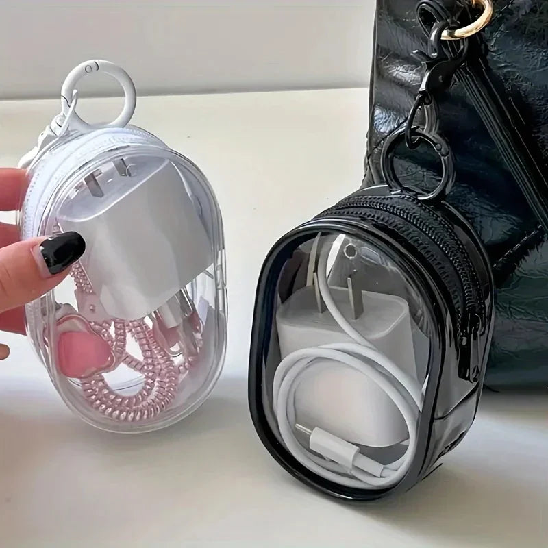 Portable Mini Transparent Charging Cable Storage Bag with Zipper Multifunctional Headphone Case Travel Accessories with Keychain