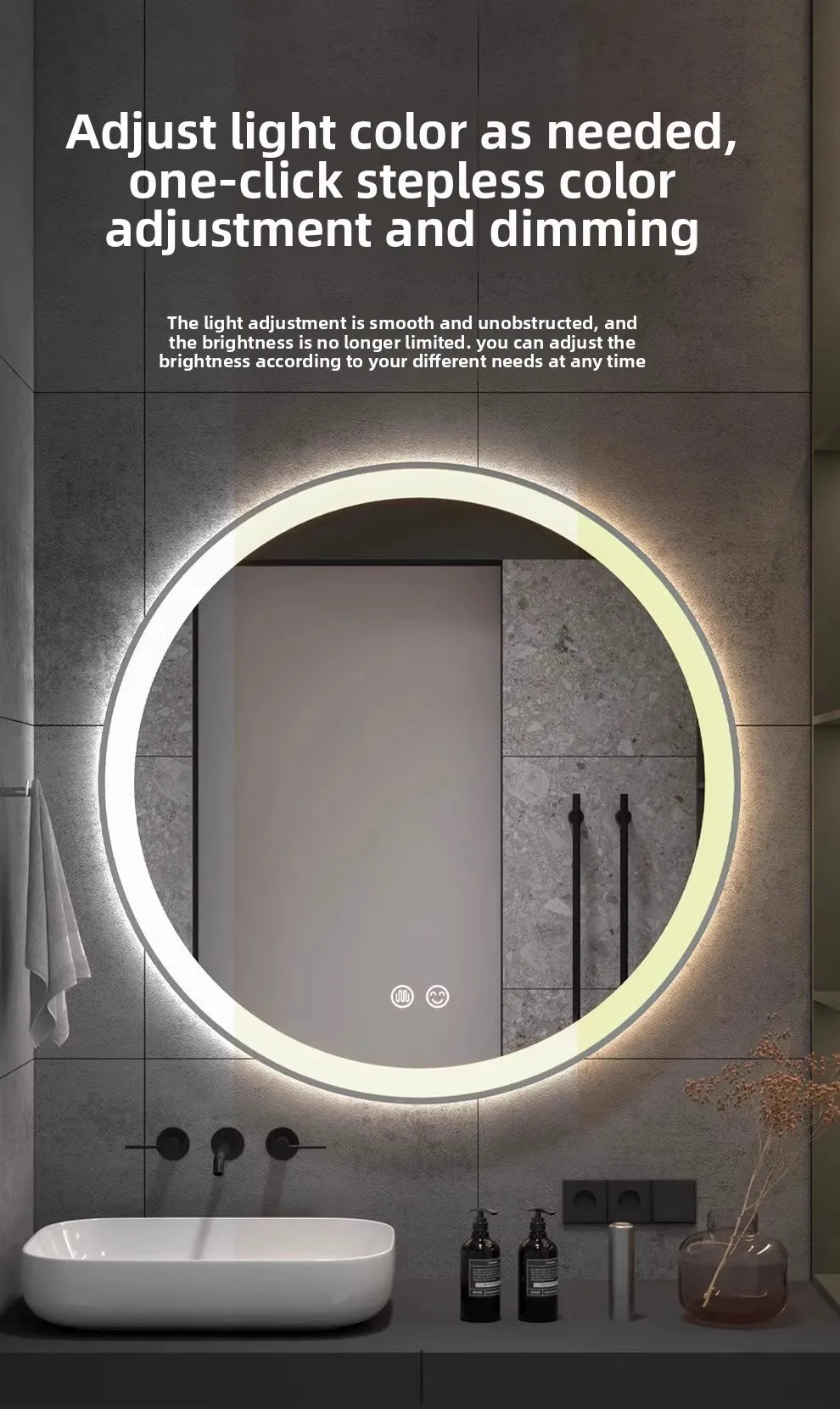 Bathroom Makeup Bathroom Mirror Non-punching Wall Hanging Diameter 50CM Smart LED Light Bathroom Mirror Anti-fog Touch Screen