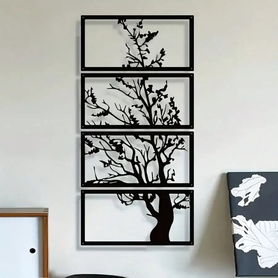4pcs Art Deco Black Metal Wall Decor, Tree of Life Silhouette Hanging Artwork, Indoor Home Decorations for Living Room