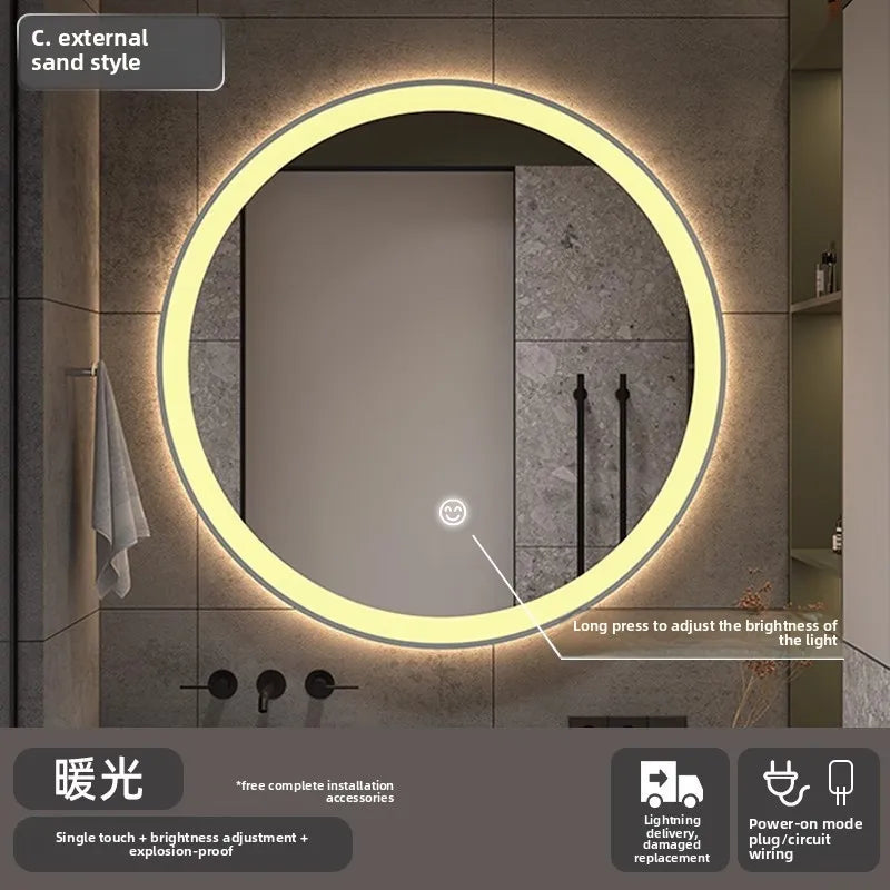 Bathroom Makeup Bathroom Mirror Non-punching Wall Hanging Diameter 50CM Smart LED Light Bathroom Mirror Anti-fog Touch Screen