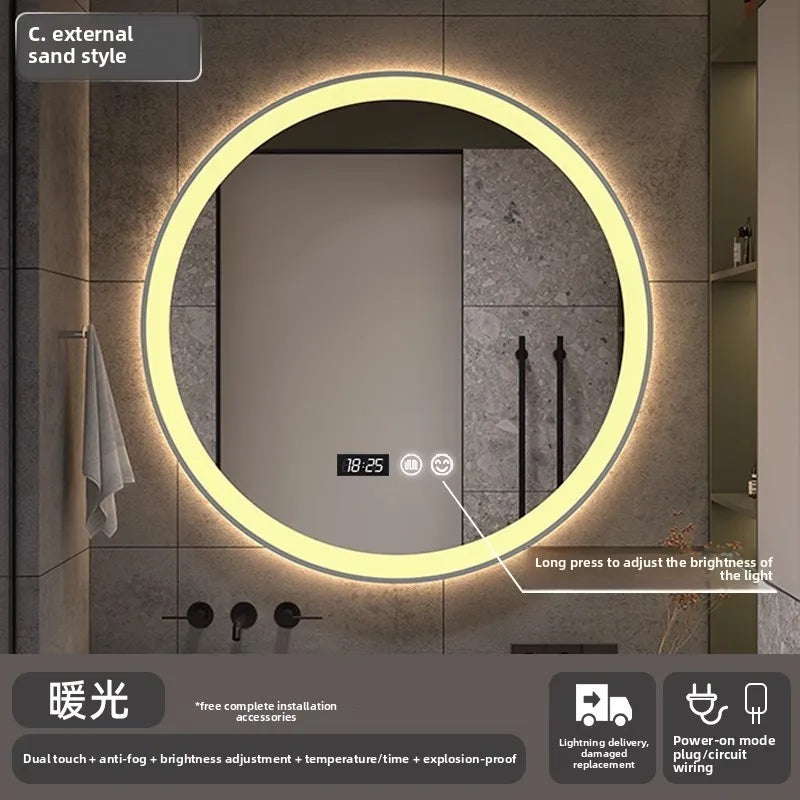 Bathroom Makeup Bathroom Mirror Non-punching Wall Hanging Diameter 50CM Smart LED Light Bathroom Mirror Anti-fog Touch Screen