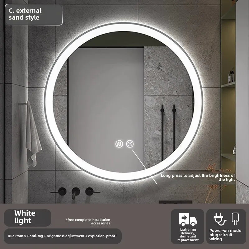 Bathroom Makeup Bathroom Mirror Non-punching Wall Hanging Diameter 50CM Smart LED Light Bathroom Mirror Anti-fog Touch Screen