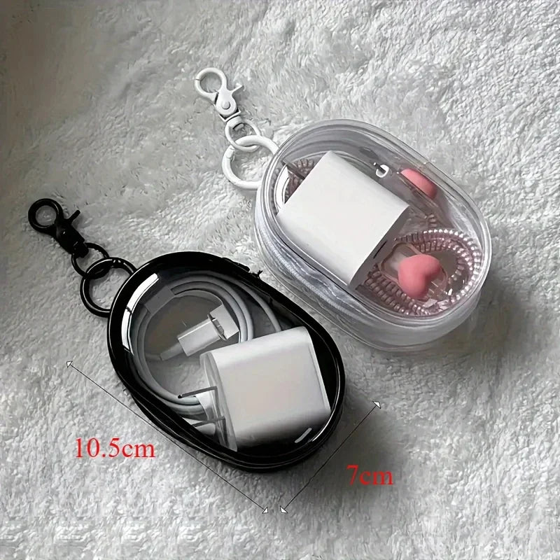 Portable Mini Transparent Charging Cable Storage Bag with Zipper Multifunctional Headphone Case Travel Accessories with Keychain