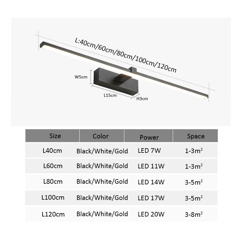 Bathroom LED Wall Lamp Mirror Light Indoor Lighting 40/60/80/100cm Long Strip Light Bedroom Washroom Kitchen Luminaire Lustre