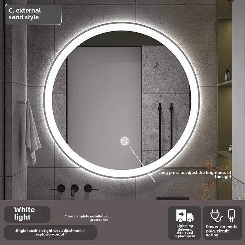 Bathroom Makeup Bathroom Mirror Non-punching Wall Hanging Diameter 50CM Smart LED Light Bathroom Mirror Anti-fog Touch Screen