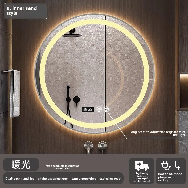 Bathroom Makeup Bathroom Mirror Non-punching Wall Hanging Diameter 50CM Smart LED Light Bathroom Mirror Anti-fog Touch Screen
