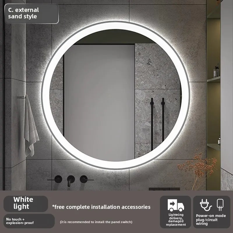 Bathroom Makeup Bathroom Mirror Non-punching Wall Hanging Diameter 50CM Smart LED Light Bathroom Mirror Anti-fog Touch Screen