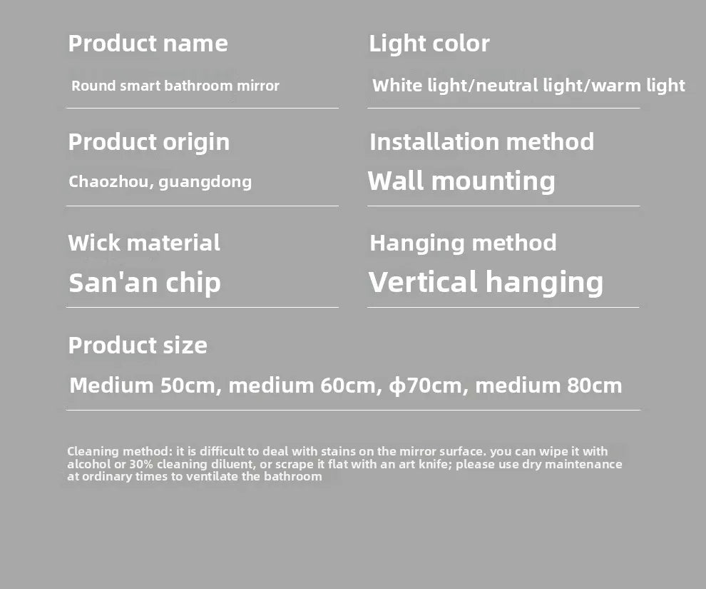 Bathroom Makeup Bathroom Mirror Non-punching Wall Hanging Diameter 50CM Smart LED Light Bathroom Mirror Anti-fog Touch Screen