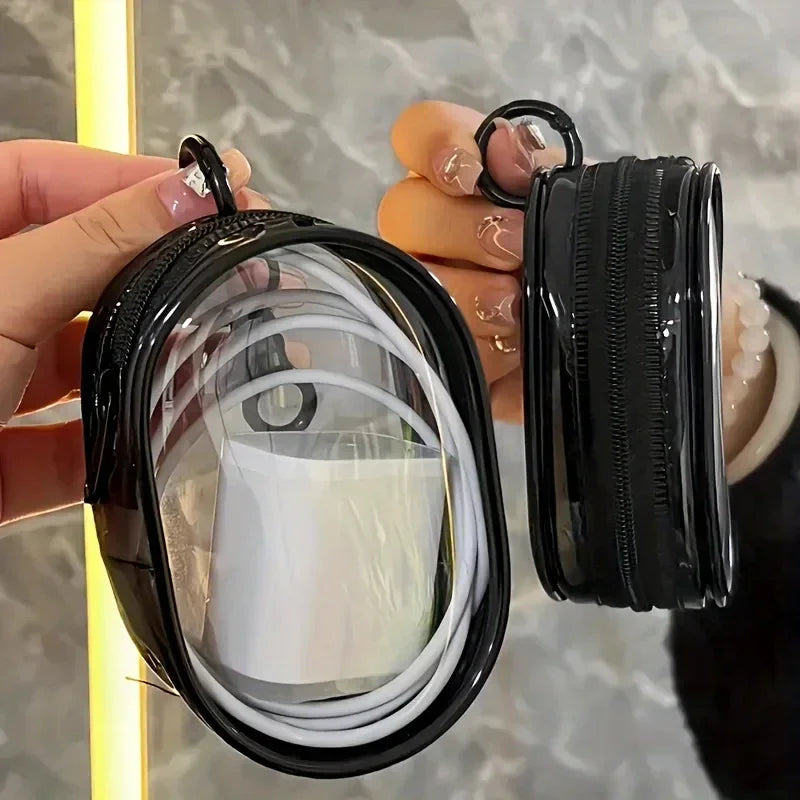 Portable Mini Transparent Charging Cable Storage Bag with Zipper Multifunctional Headphone Case Travel Accessories with Keychain