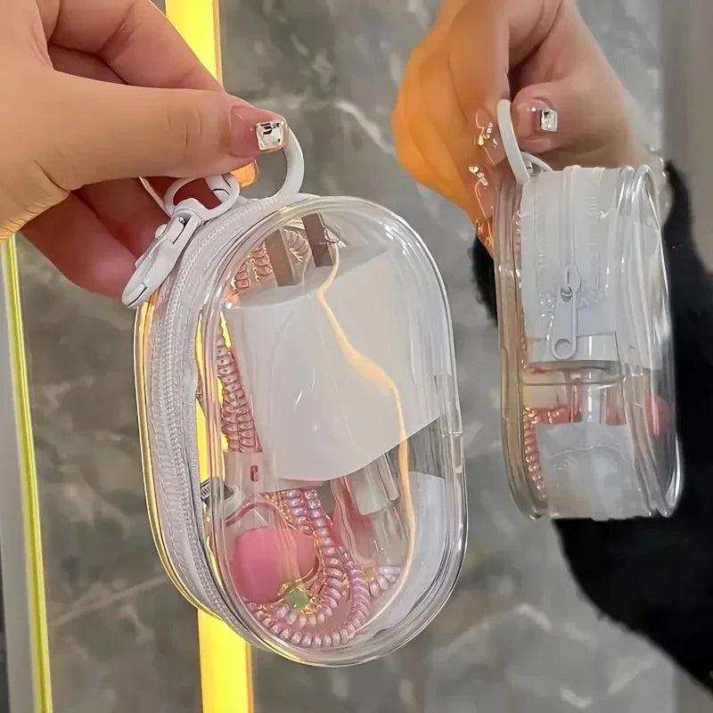 Portable Mini Transparent Charging Cable Storage Bag with Zipper Multifunctional Headphone Case Travel Accessories with Keychain