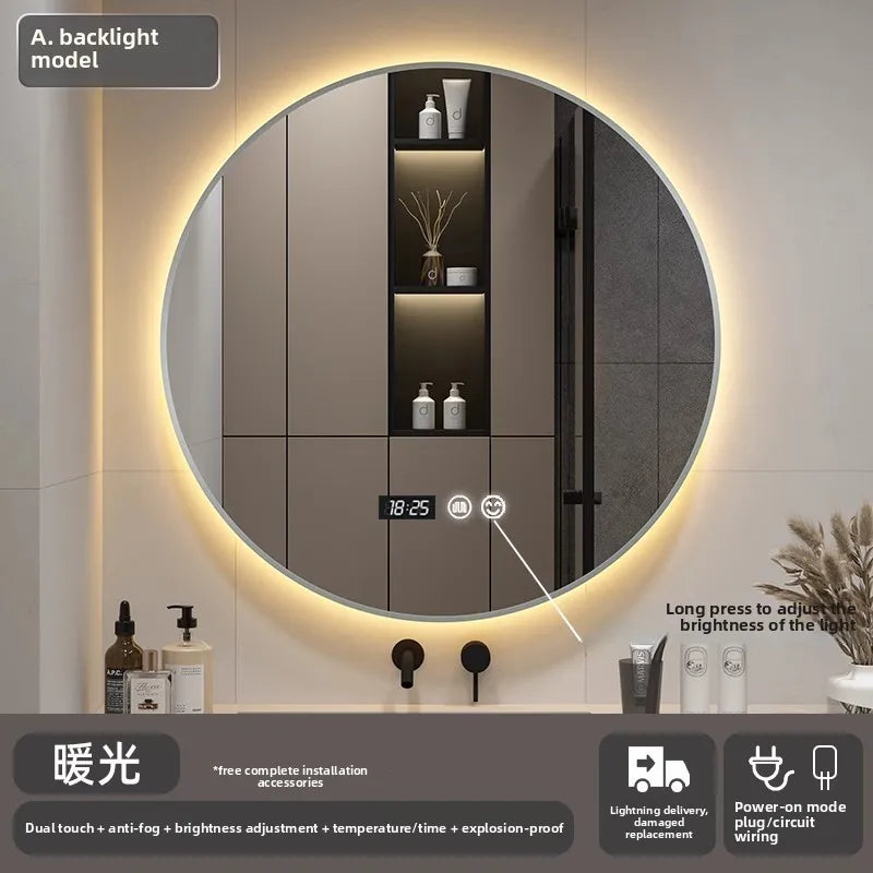 Bathroom Makeup Bathroom Mirror Non-punching Wall Hanging Diameter 50CM Smart LED Light Bathroom Mirror Anti-fog Touch Screen