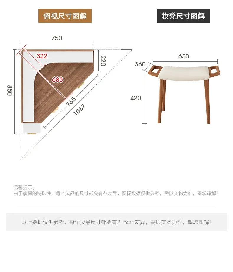 Women Makeup Dressing Table Vanity Desk Angle Bedroom Luxury Corner Hairstyle Dresser Table with Mirror Penteadeira Furniture