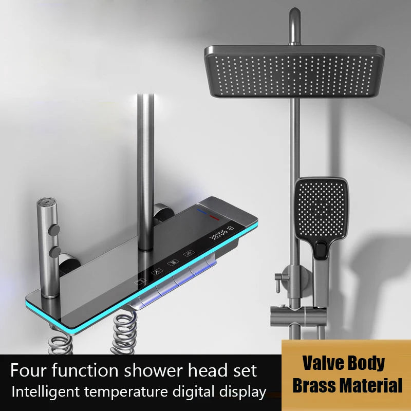 Bathroom Smart Shower System Set Bathtub Rainfall Digital Display Temperature Mixer Rain Shower Faucet Sets with Atmosphere Lamp