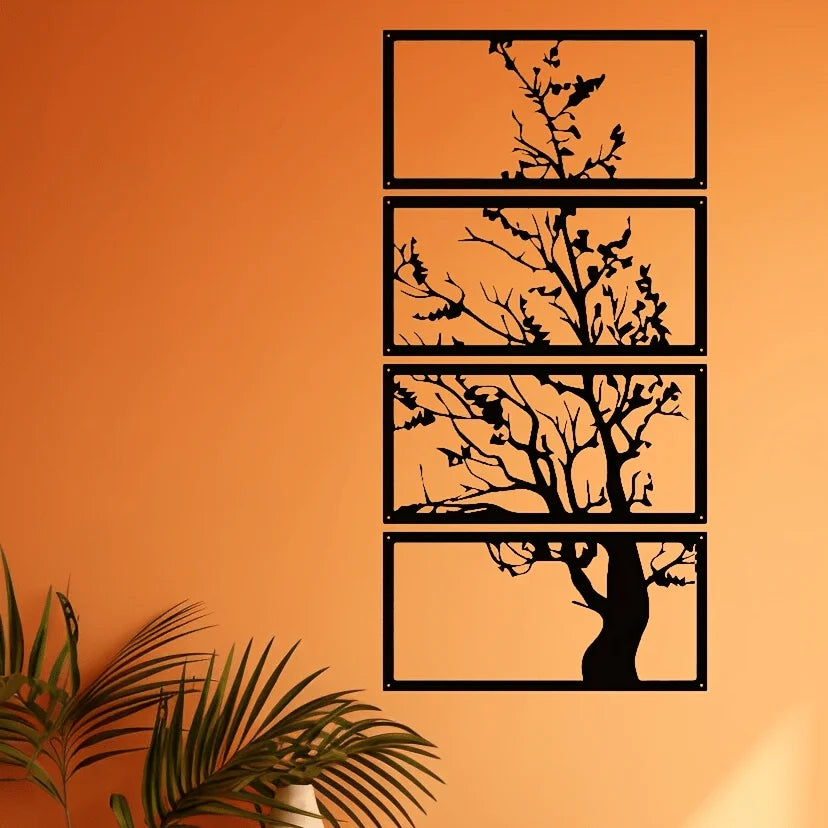 4pcs Art Deco Black Metal Wall Decor, Tree of Life Silhouette Hanging Artwork, Indoor Home Decorations for Living Room