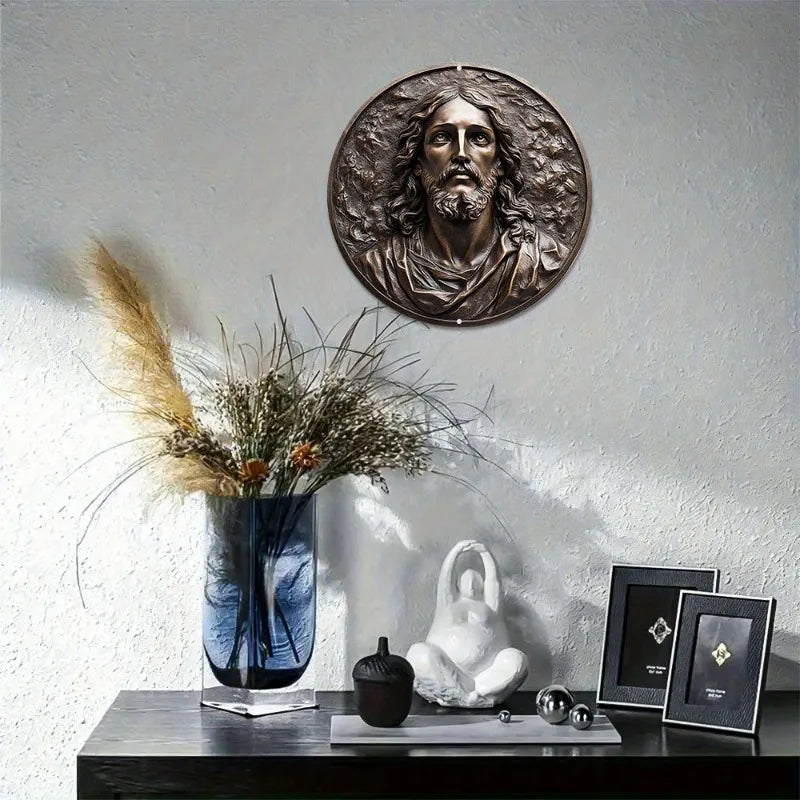 Art Deco Inspired Round Aluminum Metal Wall Art Decor, 3D Embossed Religious Theme Plaque, Perfect Gift for Home, Dorm Bedroom