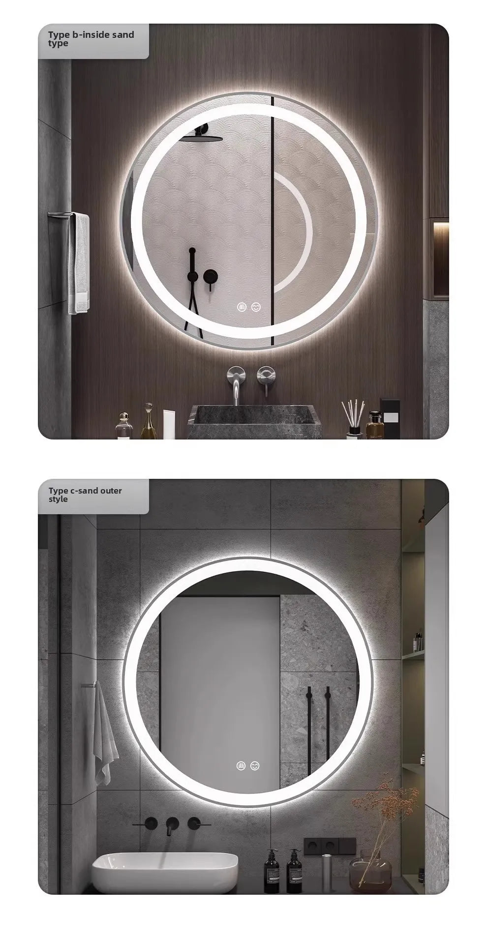 Bathroom Makeup Bathroom Mirror Non-punching Wall Hanging Diameter 50CM Smart LED Light Bathroom Mirror Anti-fog Touch Screen