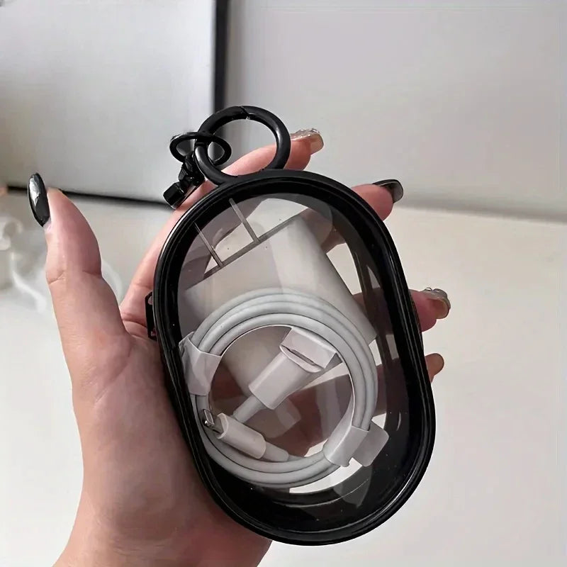 Portable Mini Transparent Charging Cable Storage Bag with Zipper Multifunctional Headphone Case Travel Accessories with Keychain