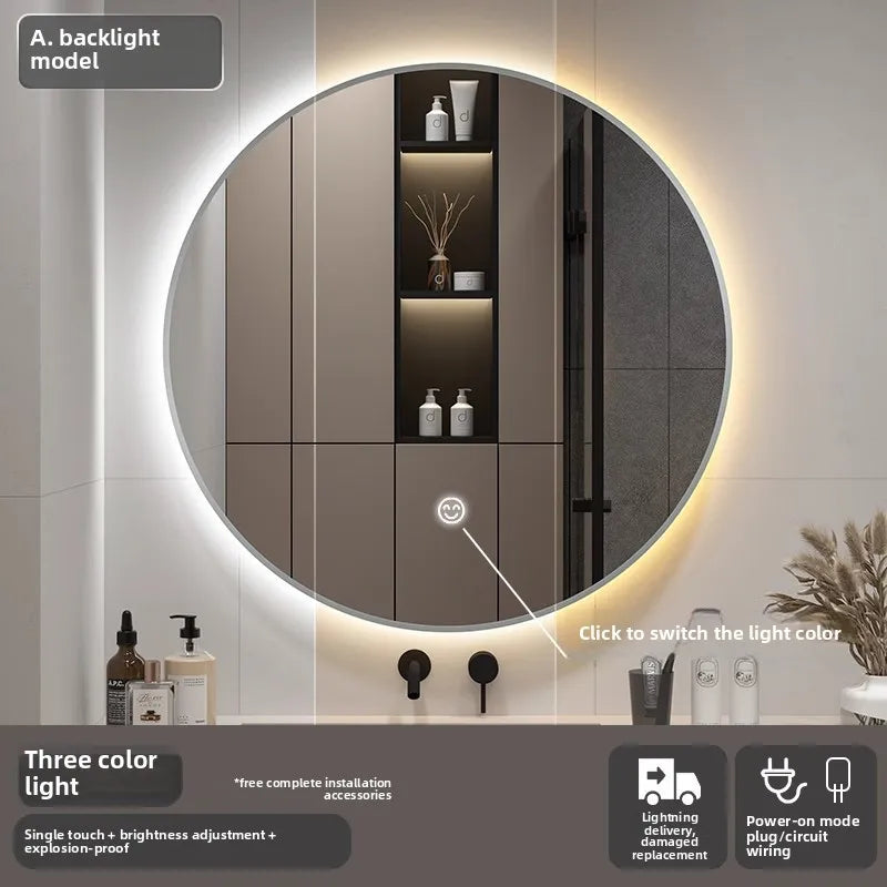 Bathroom Makeup Bathroom Mirror Non-punching Wall Hanging Diameter 50CM Smart LED Light Bathroom Mirror Anti-fog Touch Screen