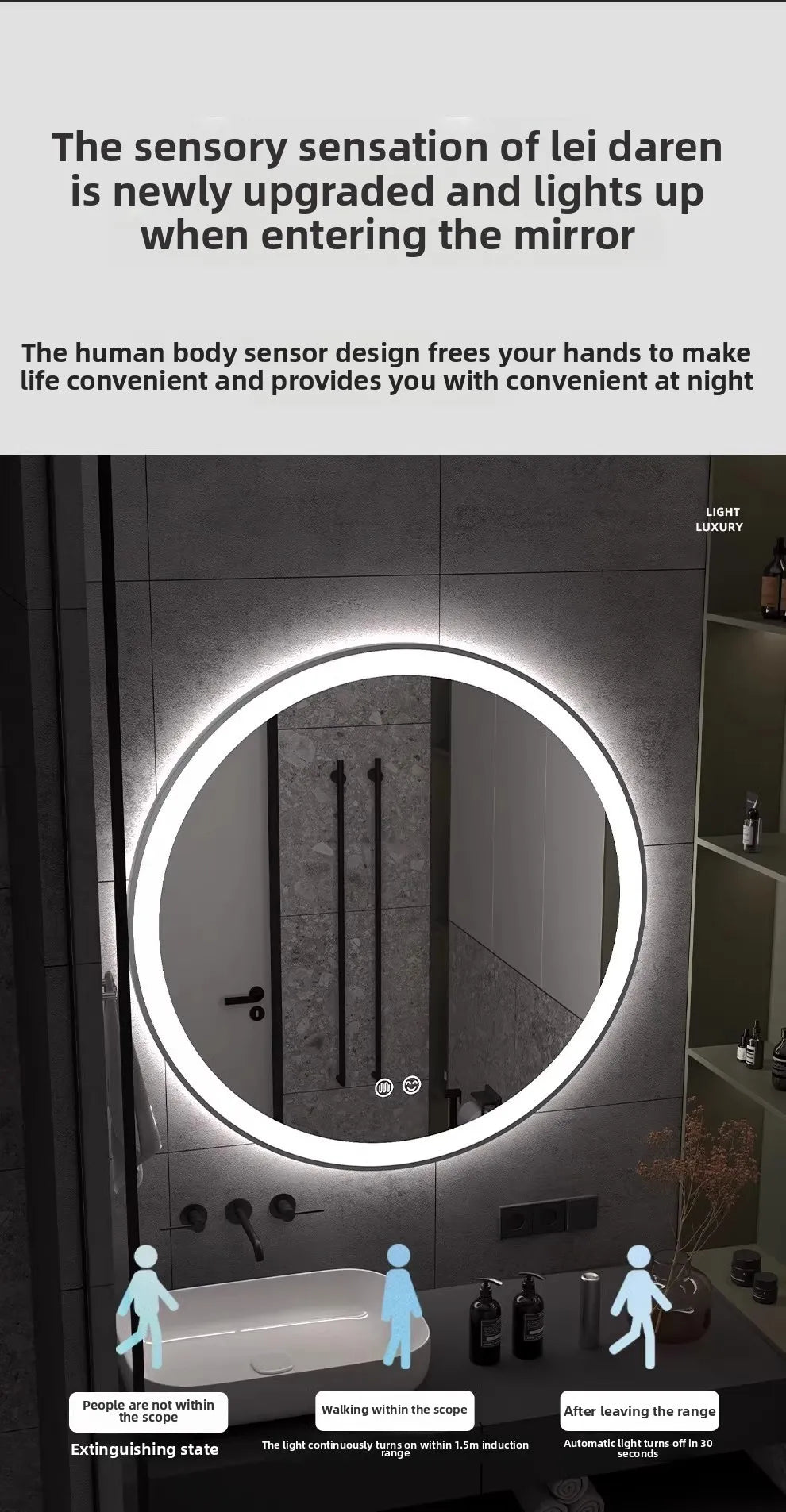 Bathroom Makeup Bathroom Mirror Non-punching Wall Hanging Diameter 50CM Smart LED Light Bathroom Mirror Anti-fog Touch Screen