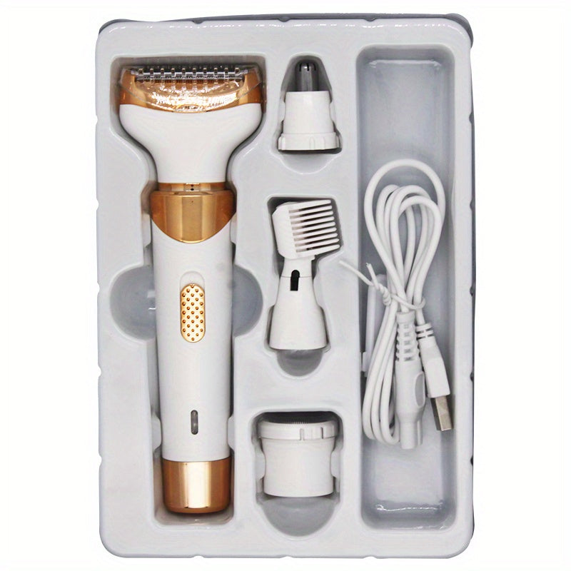 4-in-1 Women's Electric Razor - Wet & Dry Hair Remover For Pubic Hair, Eyebrow, Nose, Face, Legs, Underarms - Portable Bikini Trimmer - Rechargeable & Cordless - Gentle & Effective Hair Shaving