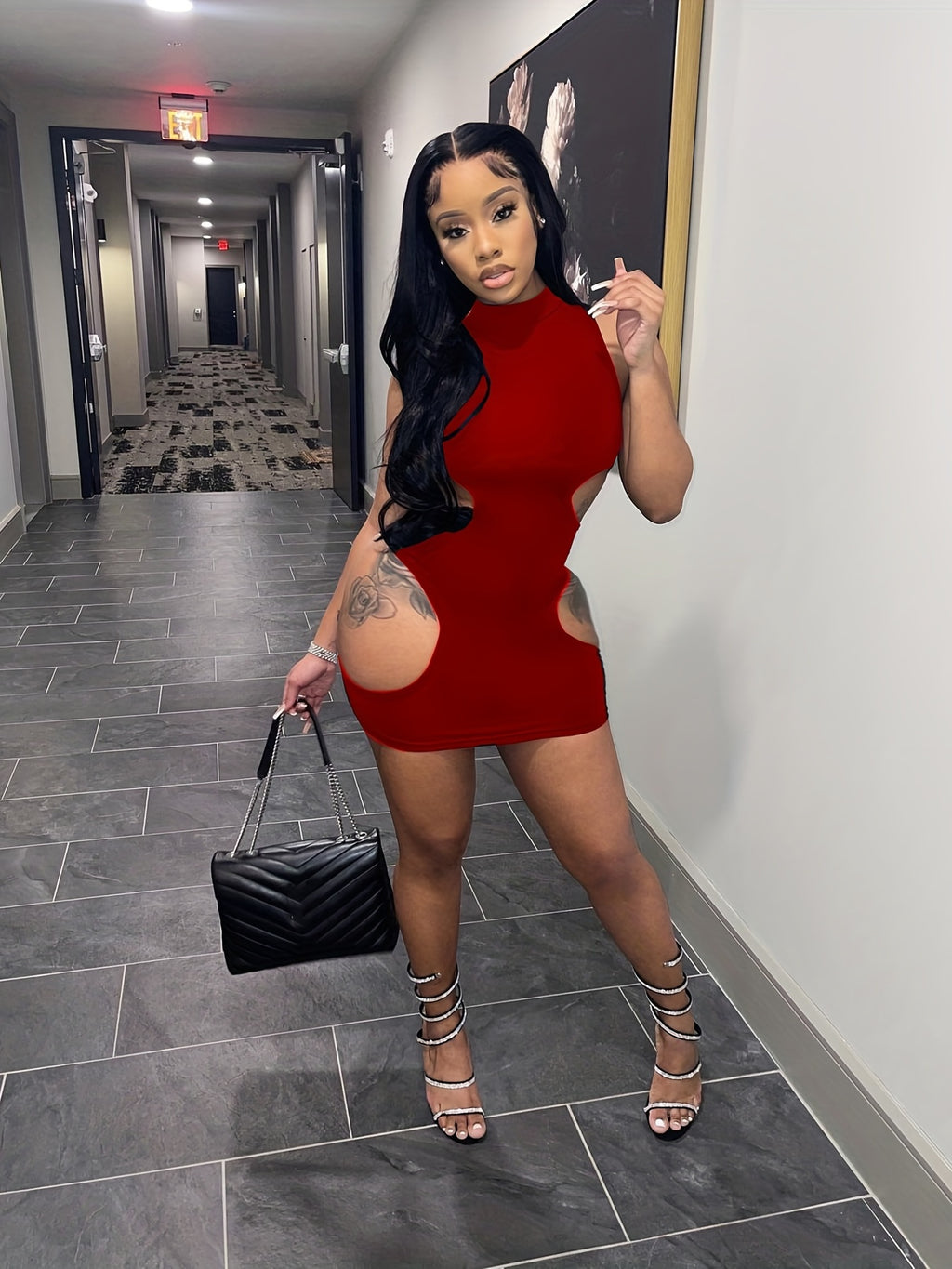 Cut Out Mock Neck Tank Dress, Sexy Bodycon Sleeveless Dress For Spring & Summer, Women's Clothing