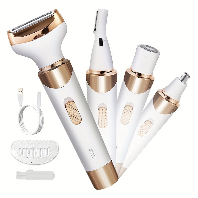 4-in-1 Women's Electric Razor - Wet & Dry Hair Remover For Pubic Hair, Eyebrow, Nose, Face, Legs, Underarms - Portable Bikini Trimmer - Rechargeable & Cordless - Gentle & Effective Hair Shaving